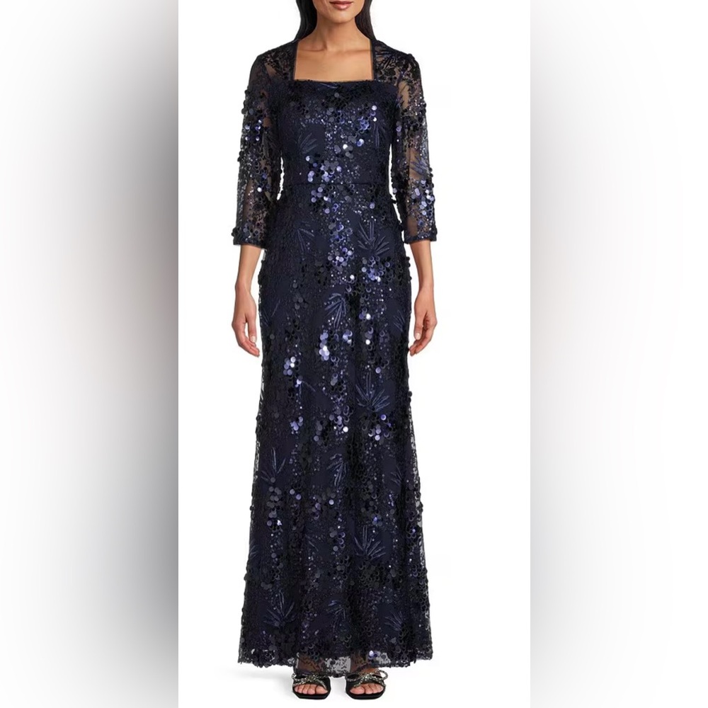 Alex Evenings Navy Sequin Long Sleeve Dress
